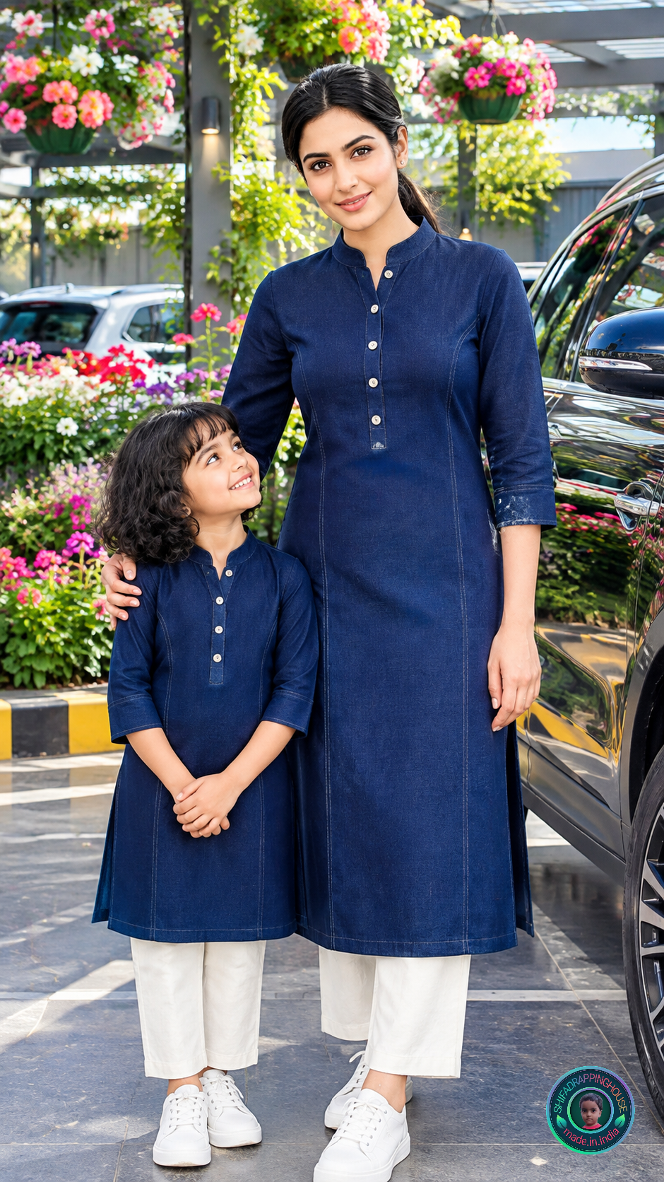 Kids Imperial Navy Soft Denim Kurta with Princess Line & Wooden Accents
