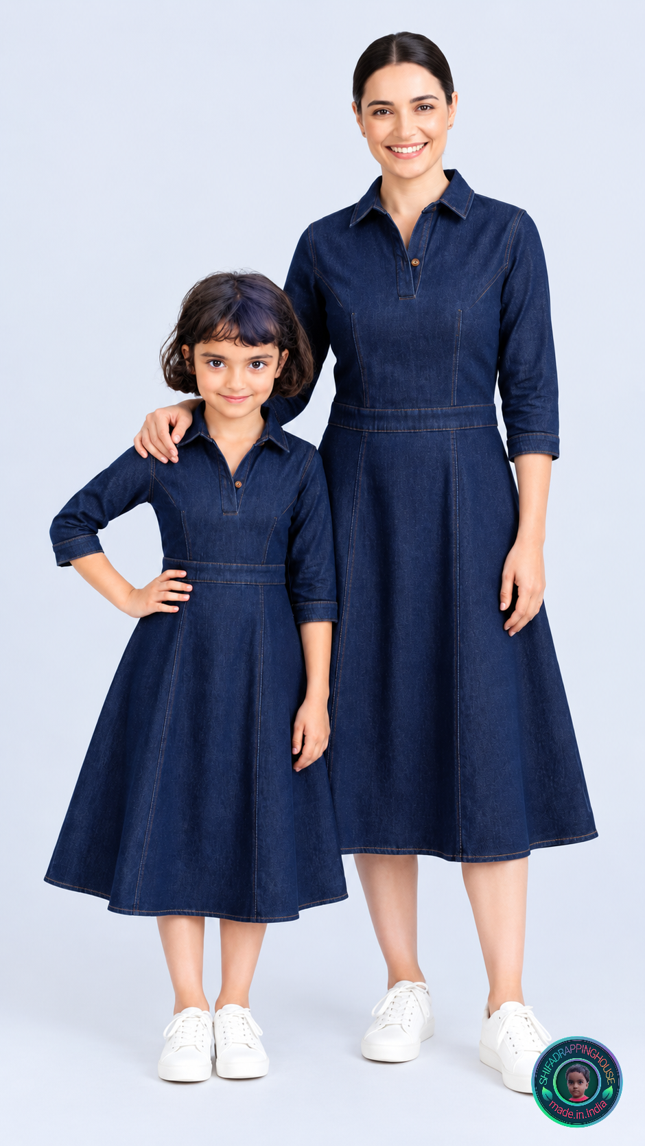 Premium Collared Denim Midi Dress – Classic Button & Belt Style