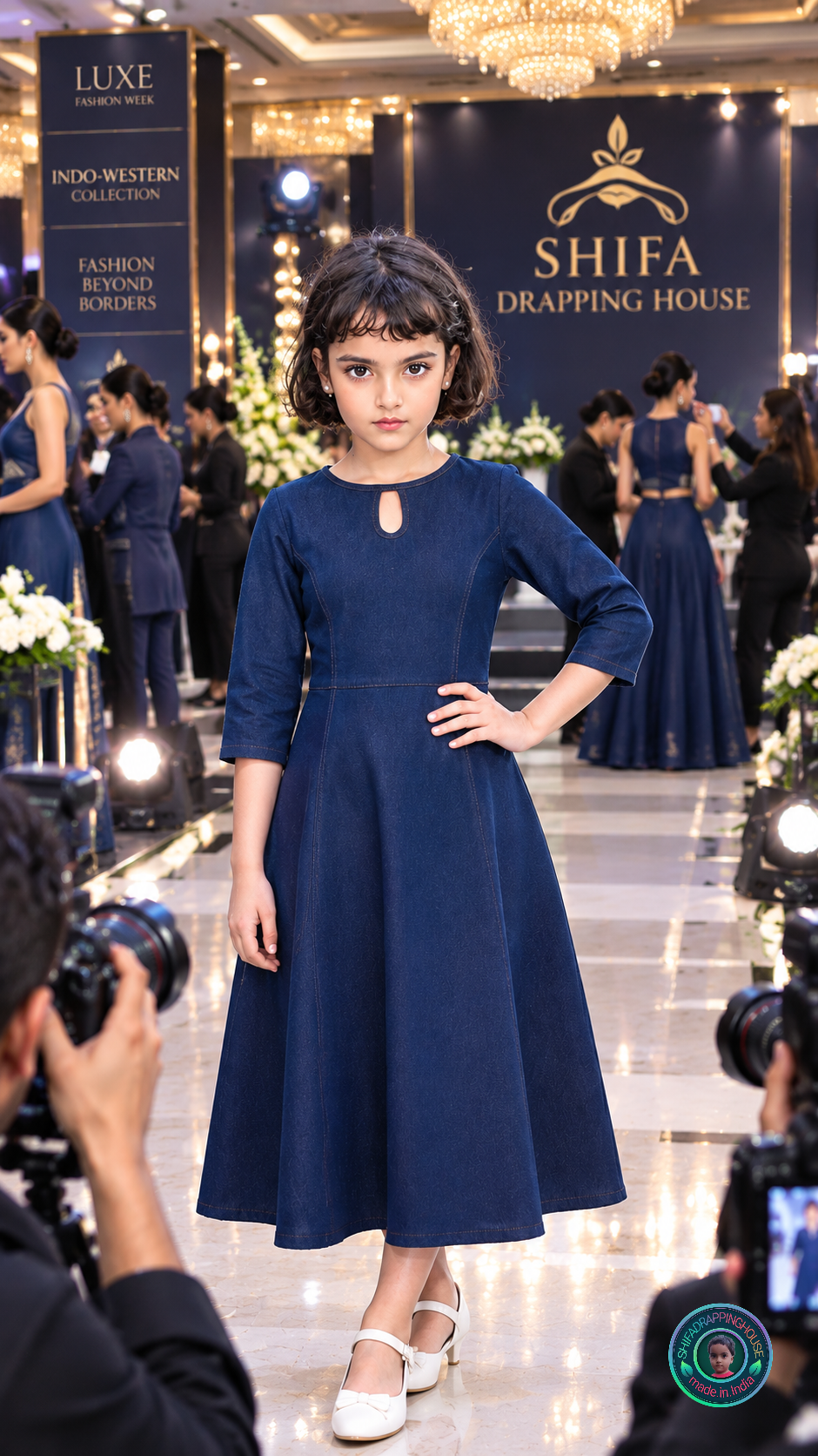 Kids Royal Navy Blue Denim Midi Dress with Keyhole Neck & 3/4 Sleeves