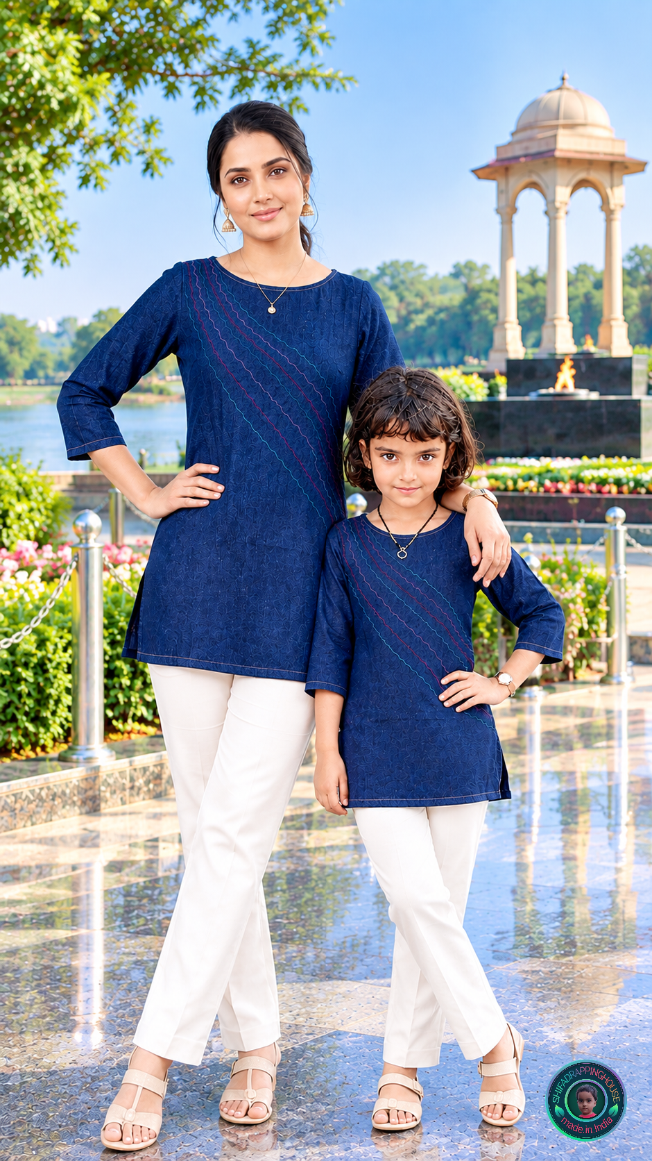 Royal Indigo Denim Boat-Neck Top with Handcrafted Anchoring Stitch - Mom & Daughter Matching