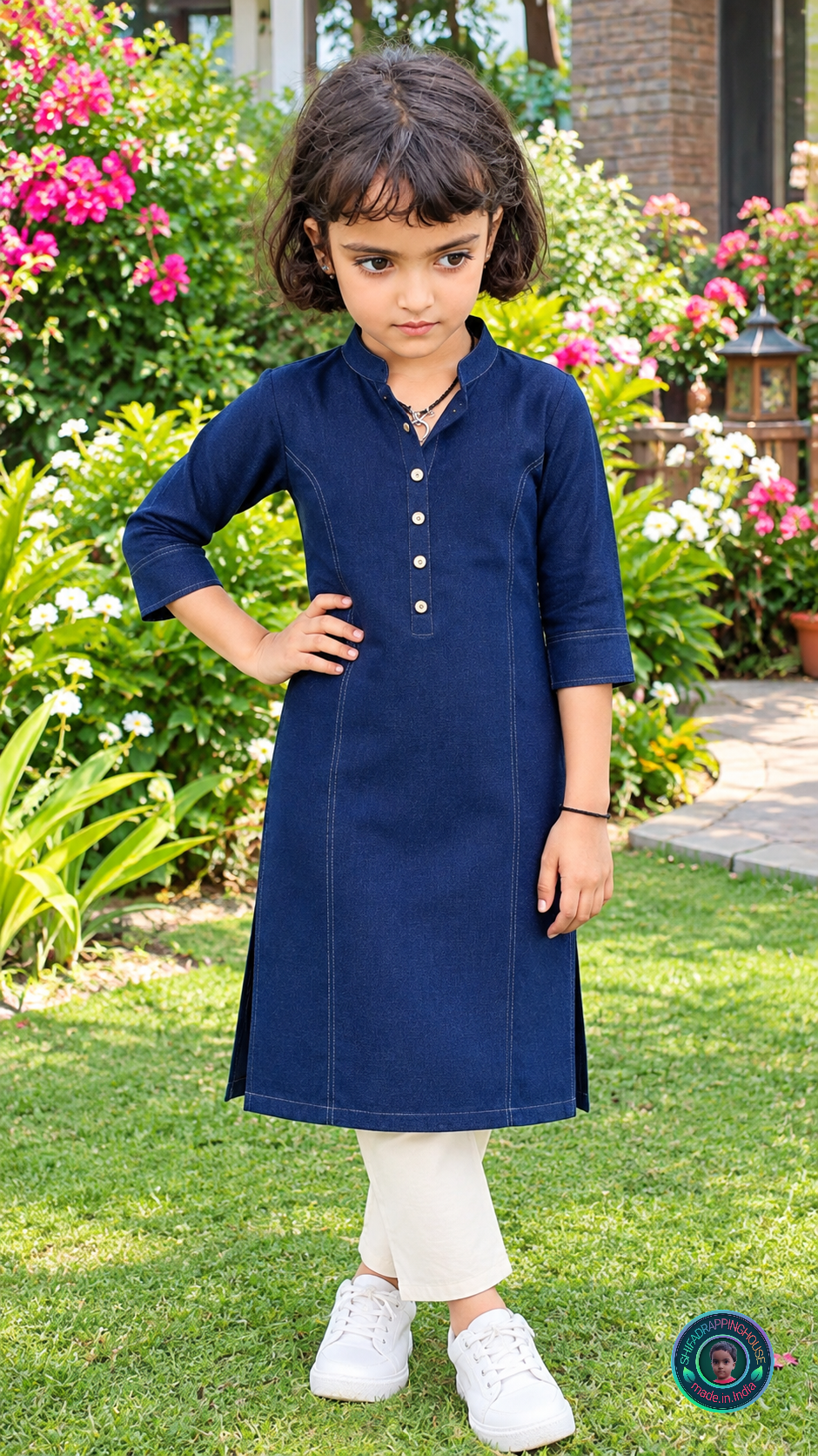 Kids Imperial Navy Soft Denim Kurta with Princess Line & Wooden Accents