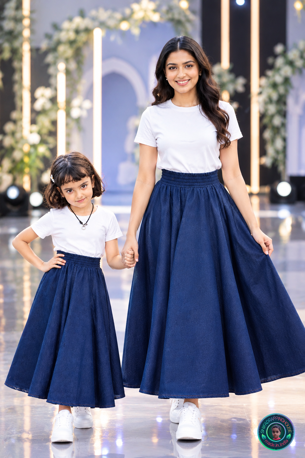 Navy Blue Denim Gathered Midi Skirt with Wide Elasticated Waistband & Inner Lining - Mom & Daughter Matching