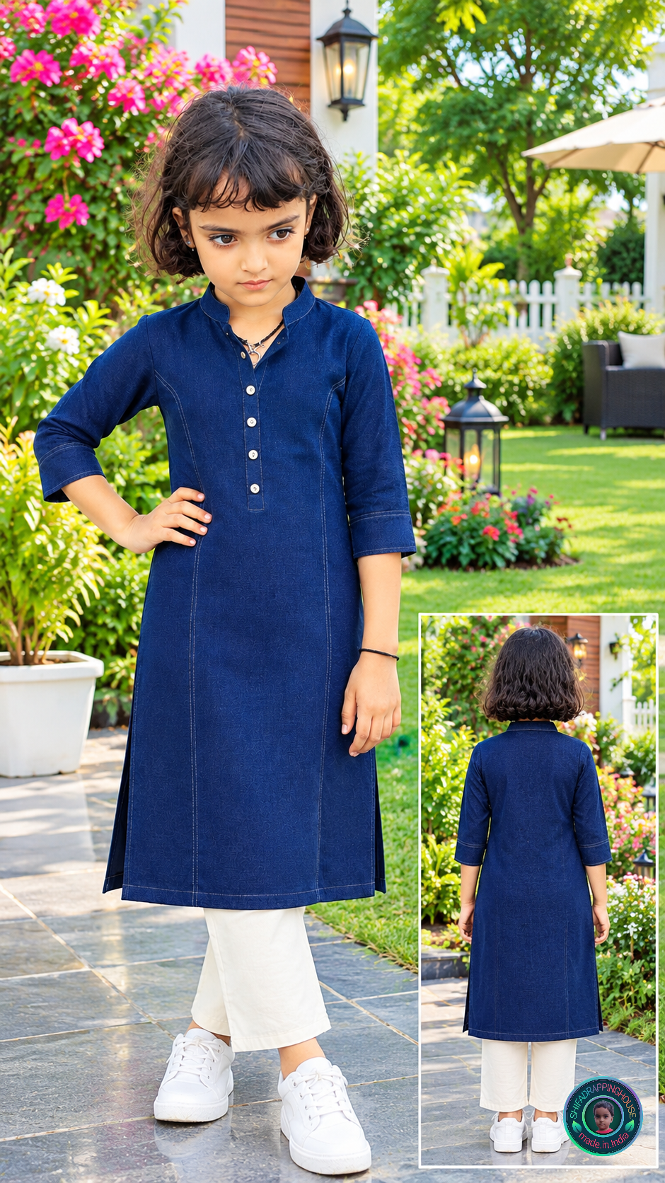 Kids Imperial Navy Soft Denim Kurta with Princess Line & Wooden Accents