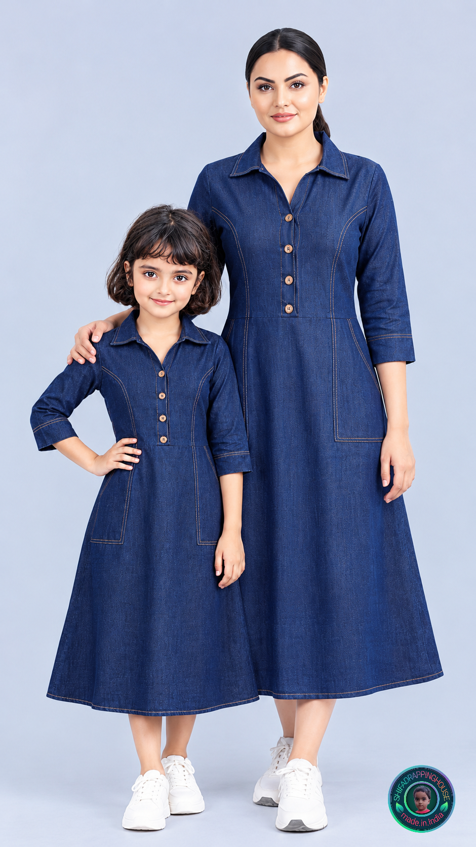 Indo-Western Elite: Princess-Cut Soft Denim Midi Dress with Wooden Accents