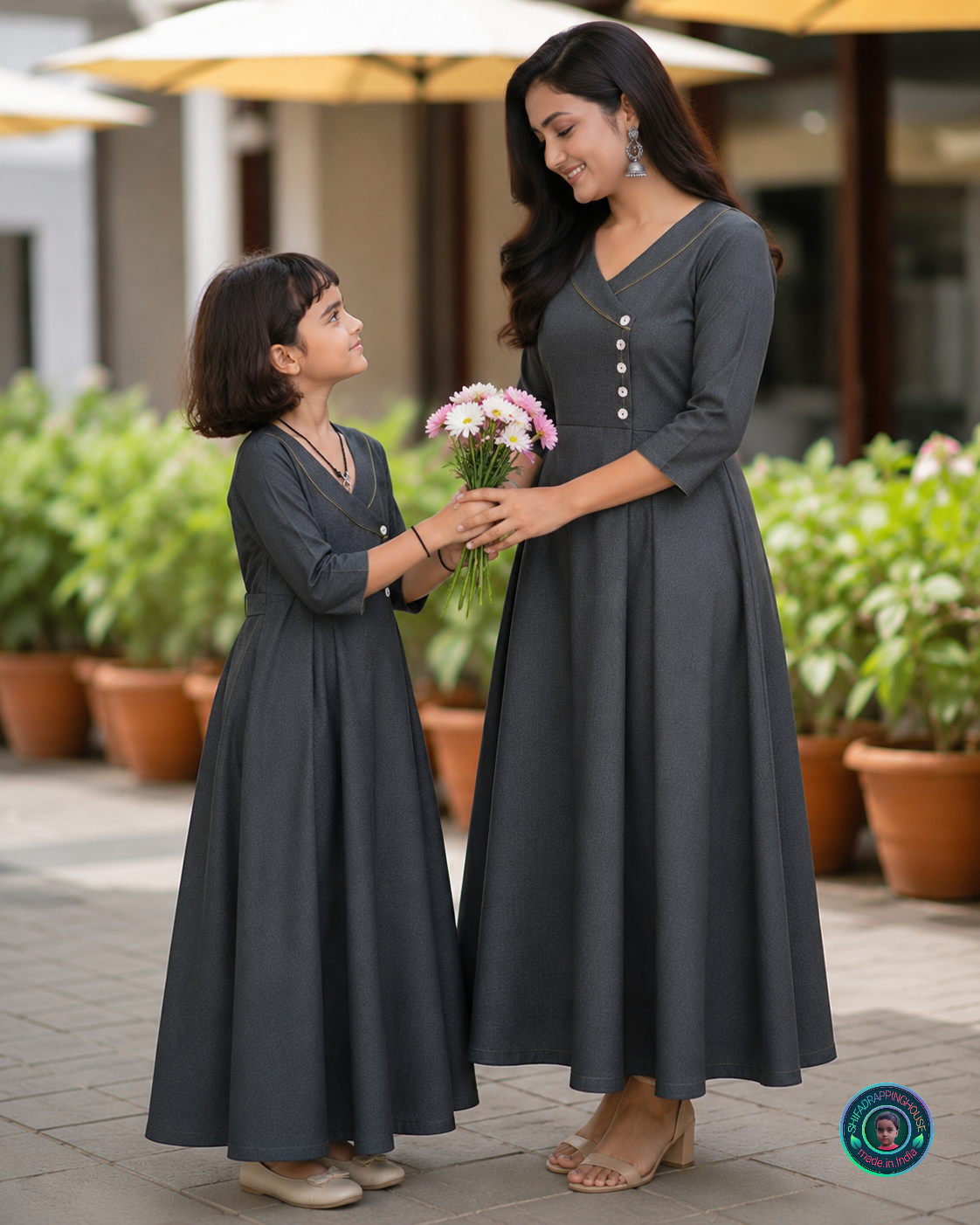Shifa Drapping House - Premium Charcoal Black-Grey Denim Overlap Maxi Dress with White Buttons & Back Tie-Up