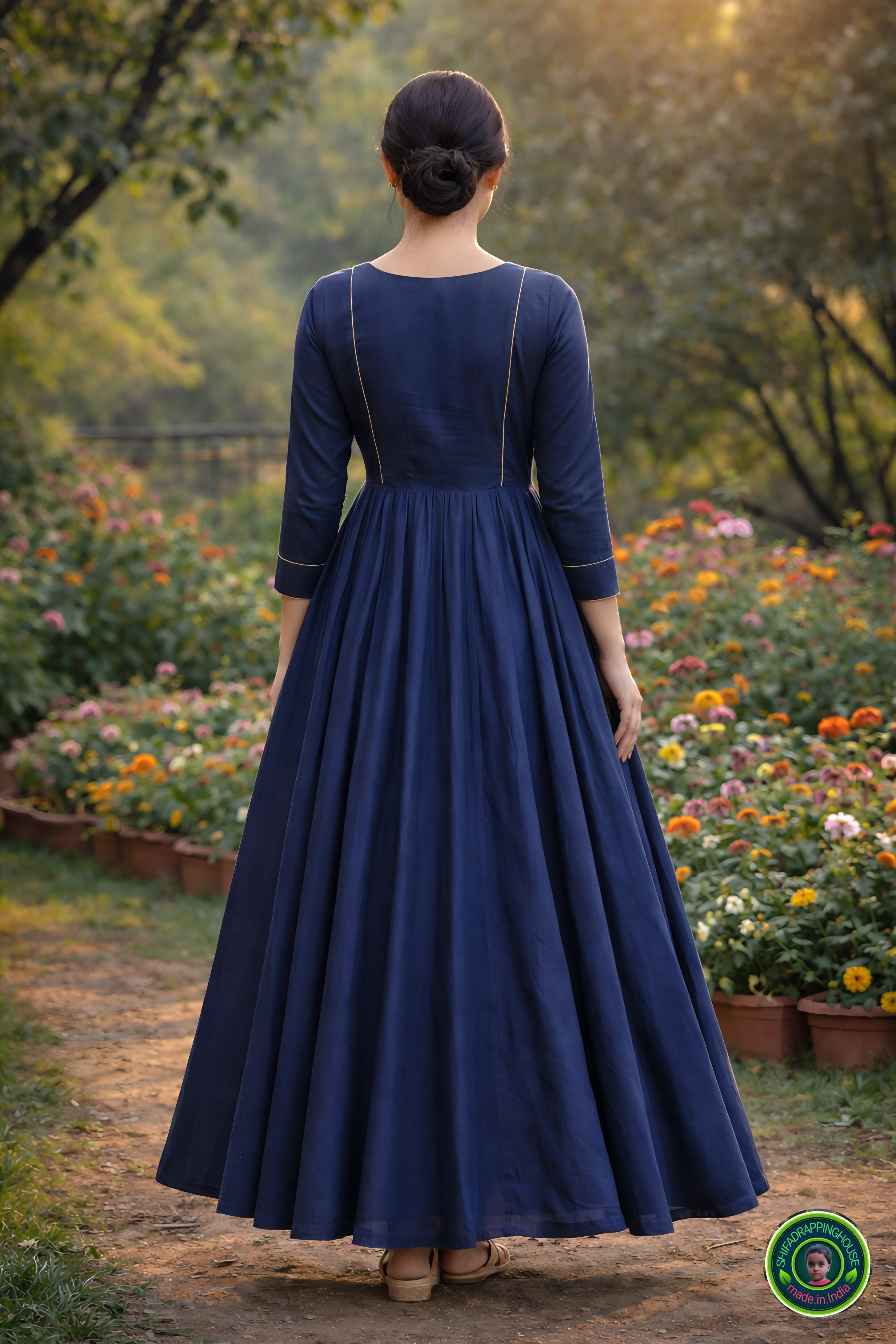 Elegant Indigo Denim Maxi Gown – Minimalist Princes Line Design with Gold Piping