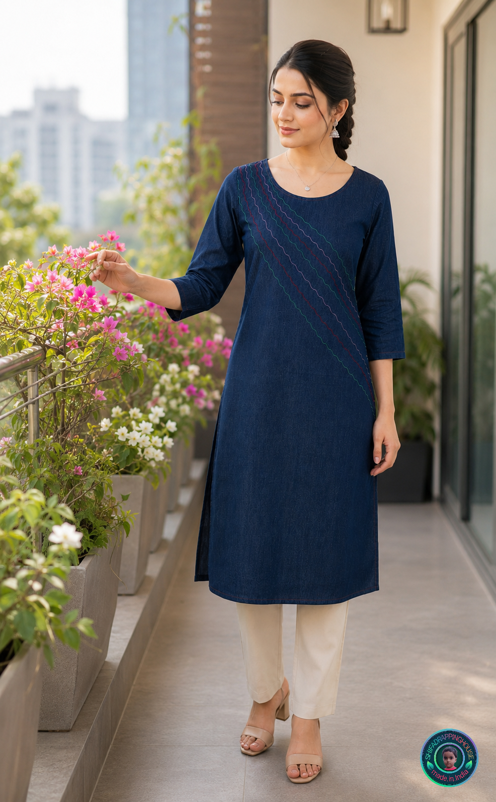 Elite Navy Denim 'Flow-Line' Kurta | Handcrafted Shoulder-to-Slit Zig-Zag Anchoring Edition