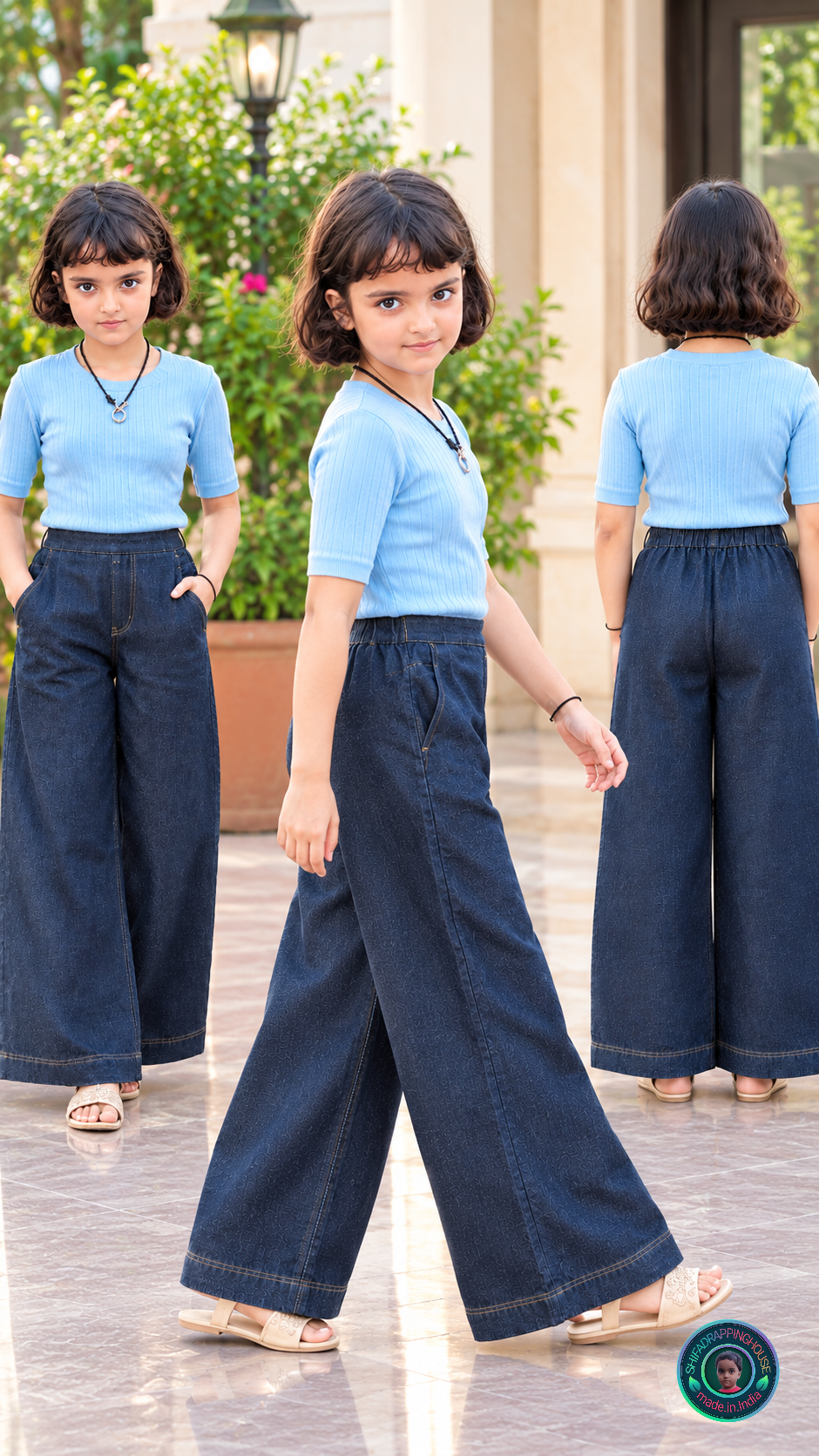 Premium Wide-Leg Denim Palazzo Trousers with Elasticated Back - Mom & Daughter Matching