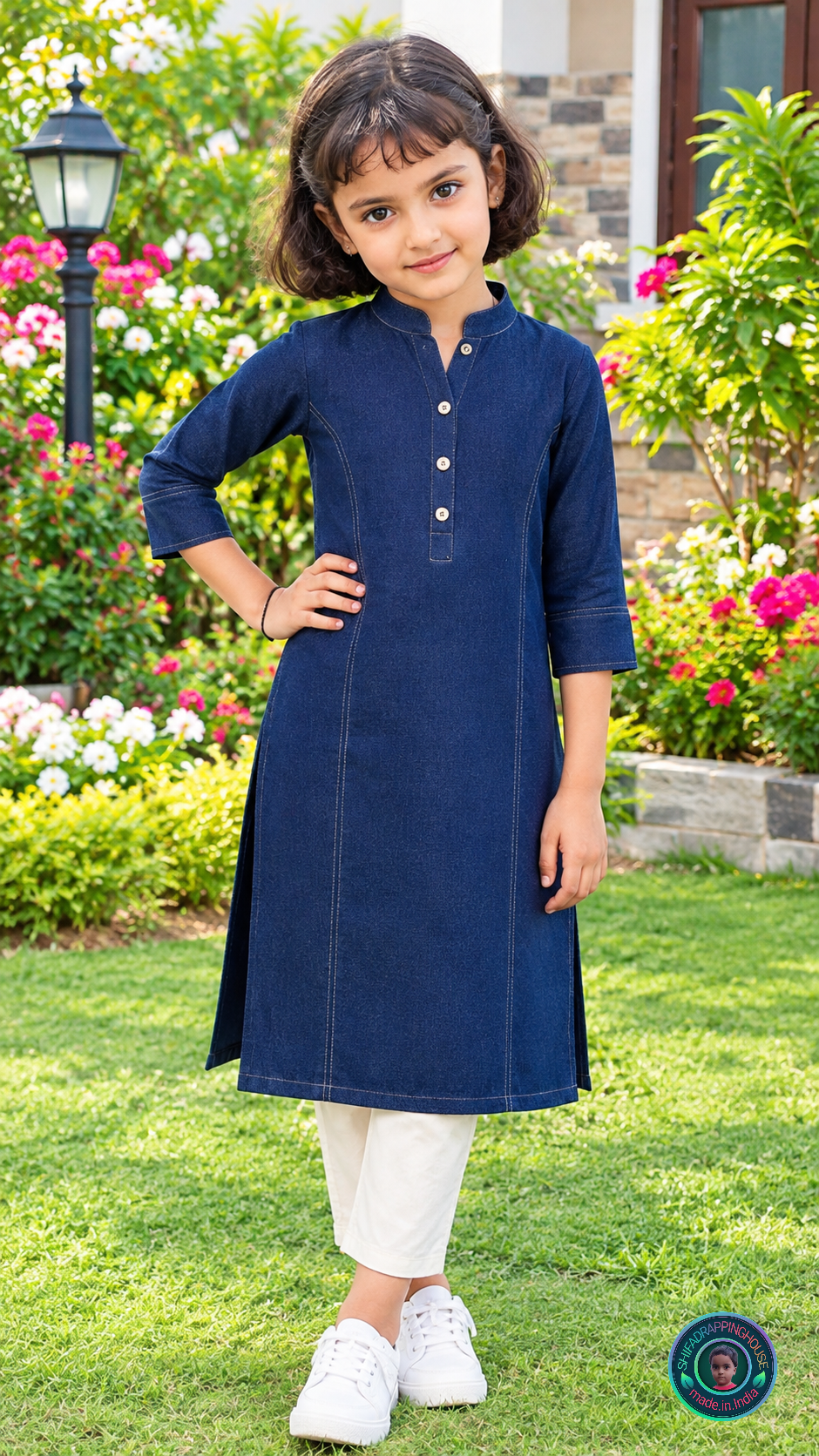 Kids Imperial Navy Soft Denim Kurta with Princess Line & Wooden Accents