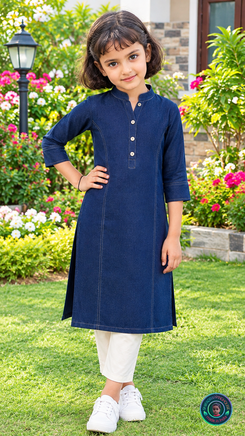 Kids Imperial Navy Soft Denim Kurta with Princess Line & Wooden Accents