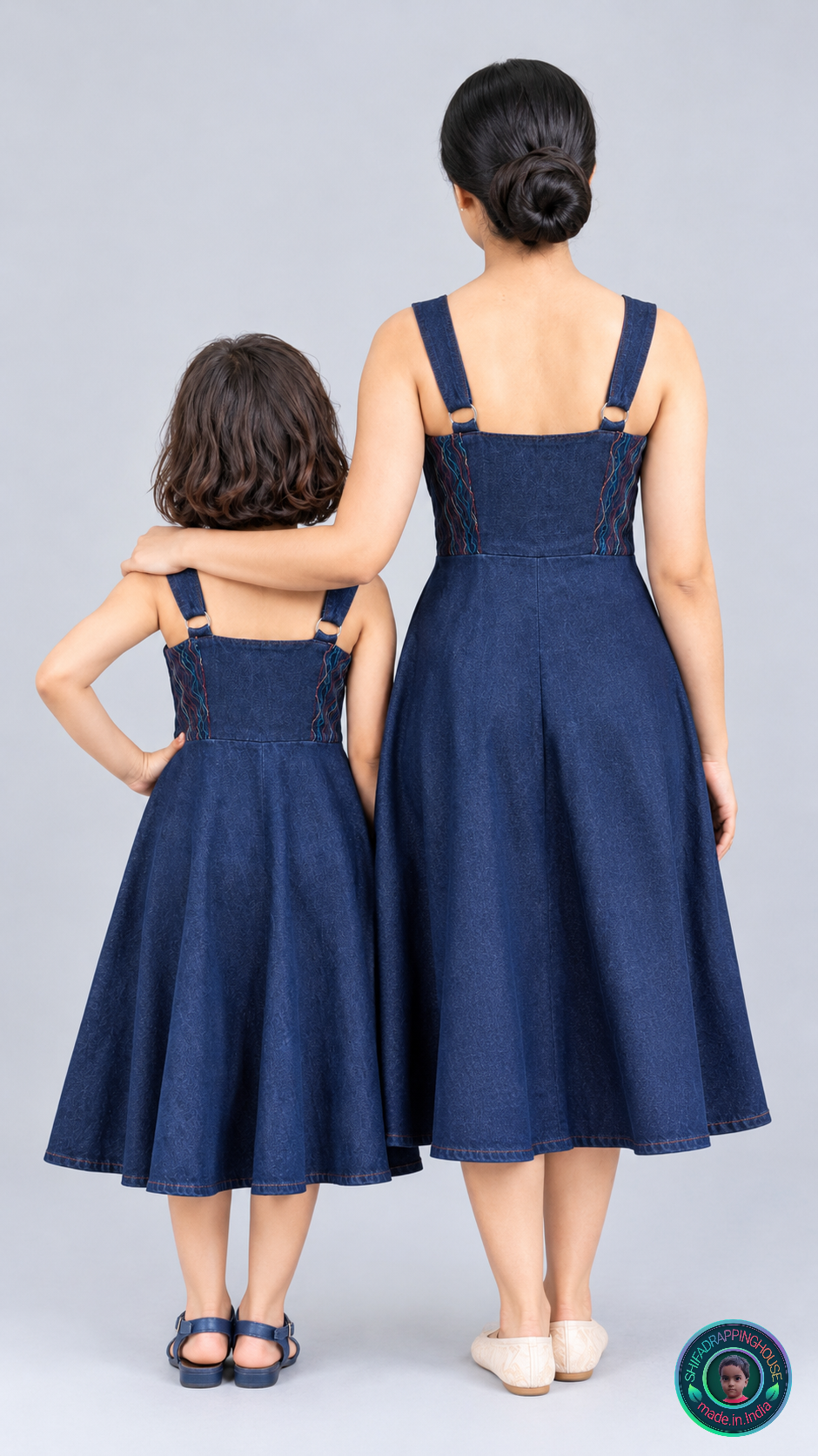 ShifaDrappinghouse Kids & Women: Blue Denim A-Line Dress – Multi-Color Anchor Stitch Embroidery