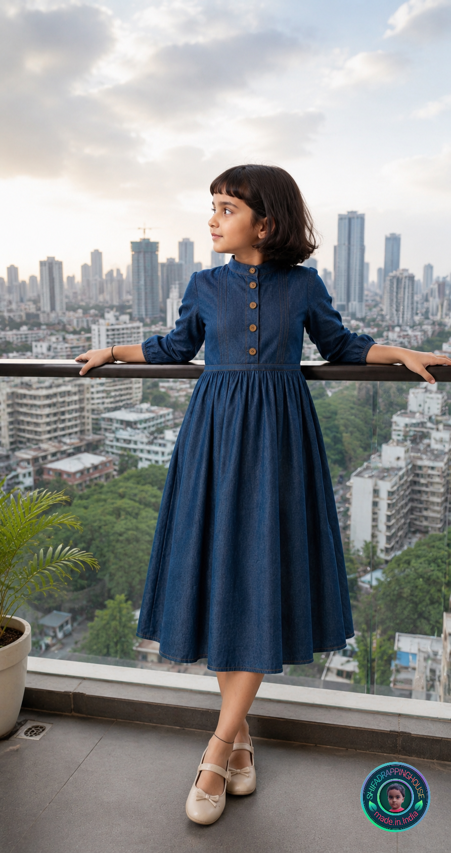 Elegance Mandarin Collar Denim Mom-Daughter Matching Midi Dress with Wooden Buttons & 3/4 Sleeves