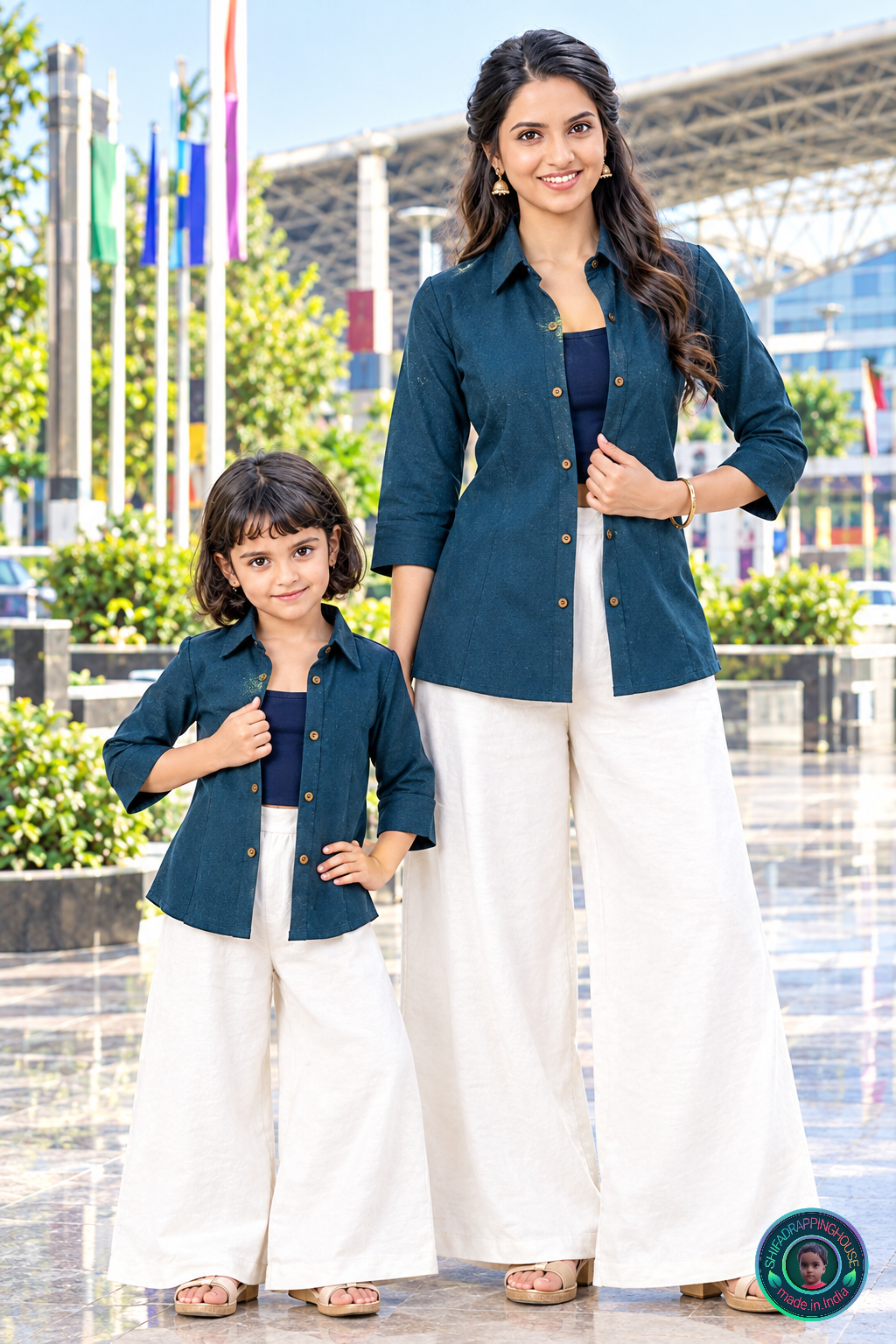 Deep Sea Teal Two-Tone Denim Shirt | Handcrafted Princess Cut & Wooden Button Luxury Edition - Mom & Daughter Matching