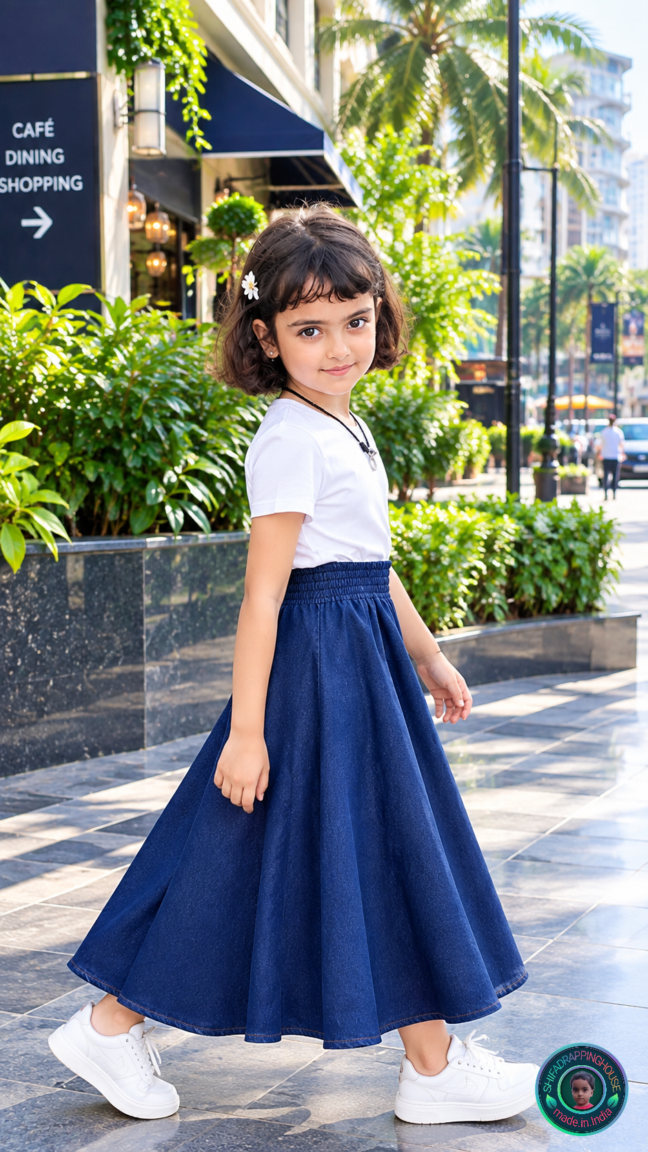Navy Blue Denim Gathered Midi Skirt with Wide Elasticated Waistband & Inner Lining - Mom & Daughter Matching
