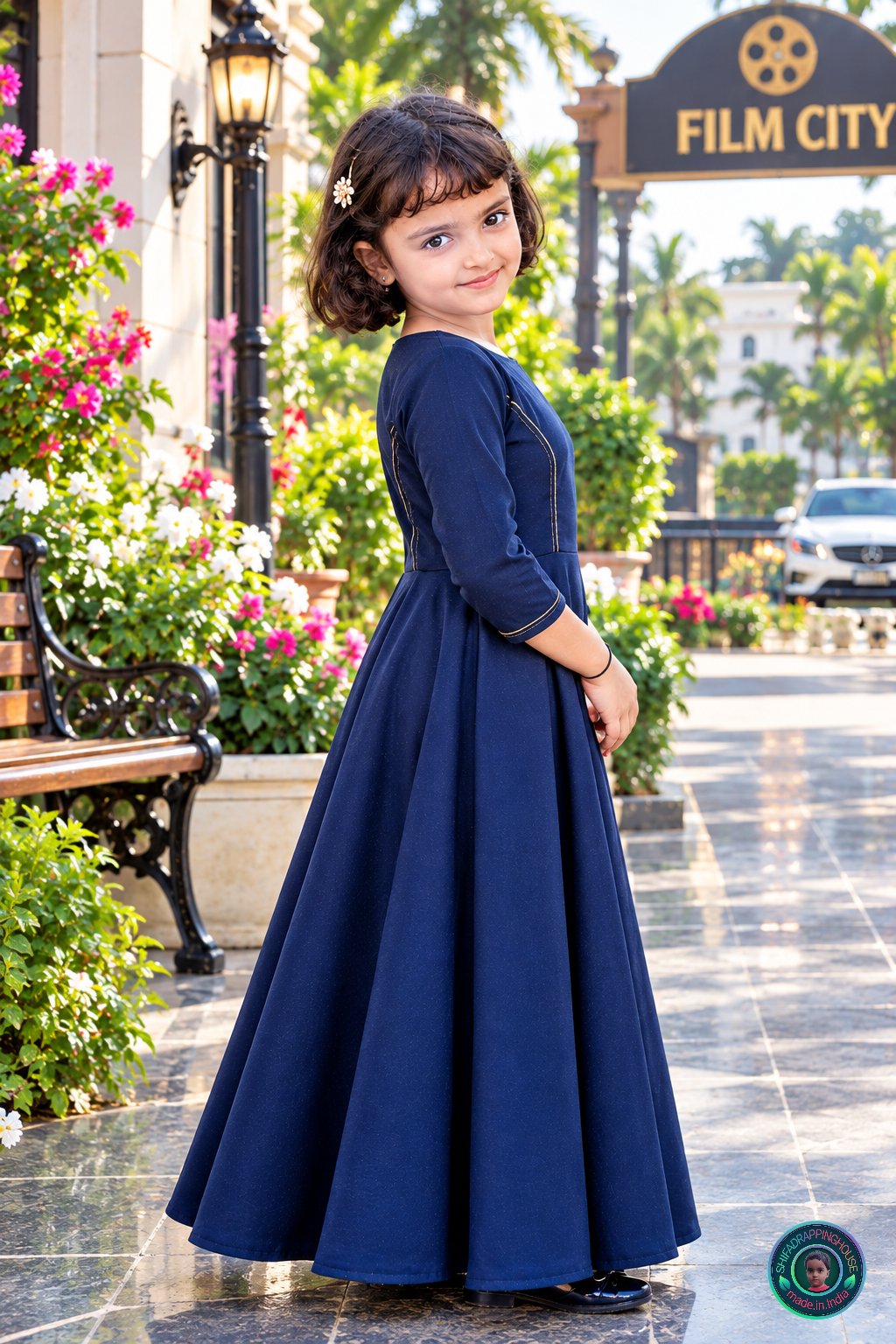 Indo-Western Denim Long Gown with Golden Stitching Details - Mom & Daughter Matching