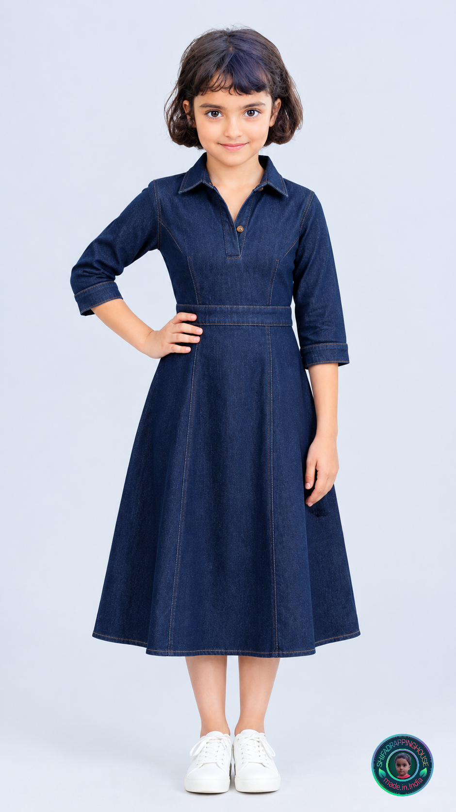 Premium Collared Denim Midi Dress – Classic Button & Belt Style