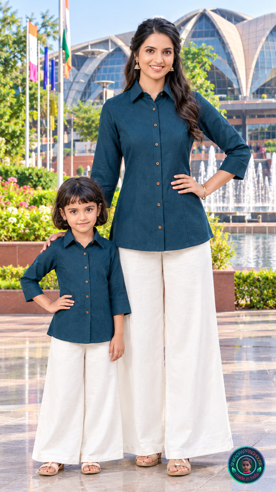 Deep Sea Teal Two-Tone Denim Shirt | Handcrafted Princess Cut & Wooden Button Luxury Edition - Mom & Daughter Matching