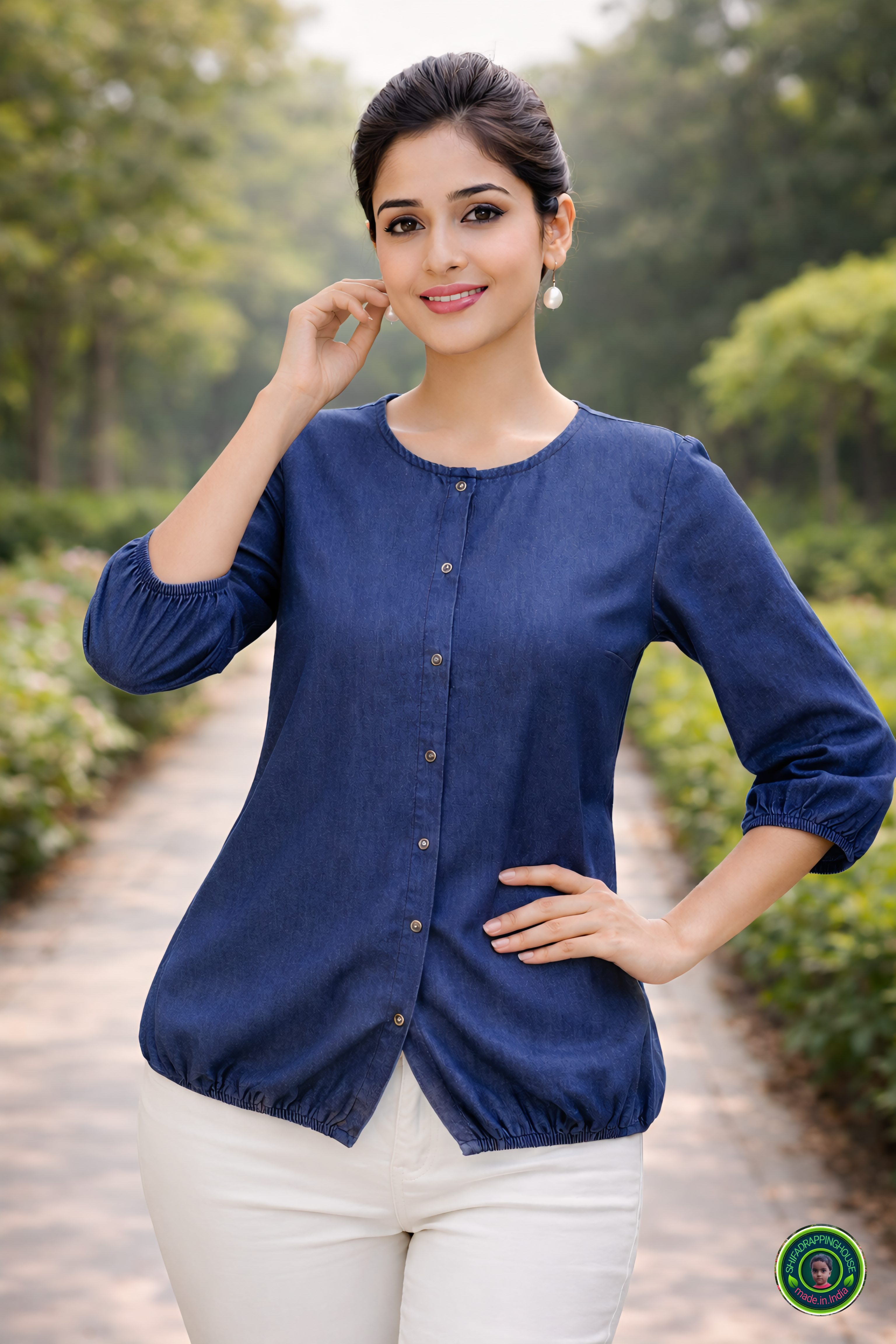 Exclusive Navy Blue Soft Denim Indo-Western Top – Elasticated Hem & 3/4 Sleeves with Round Neck