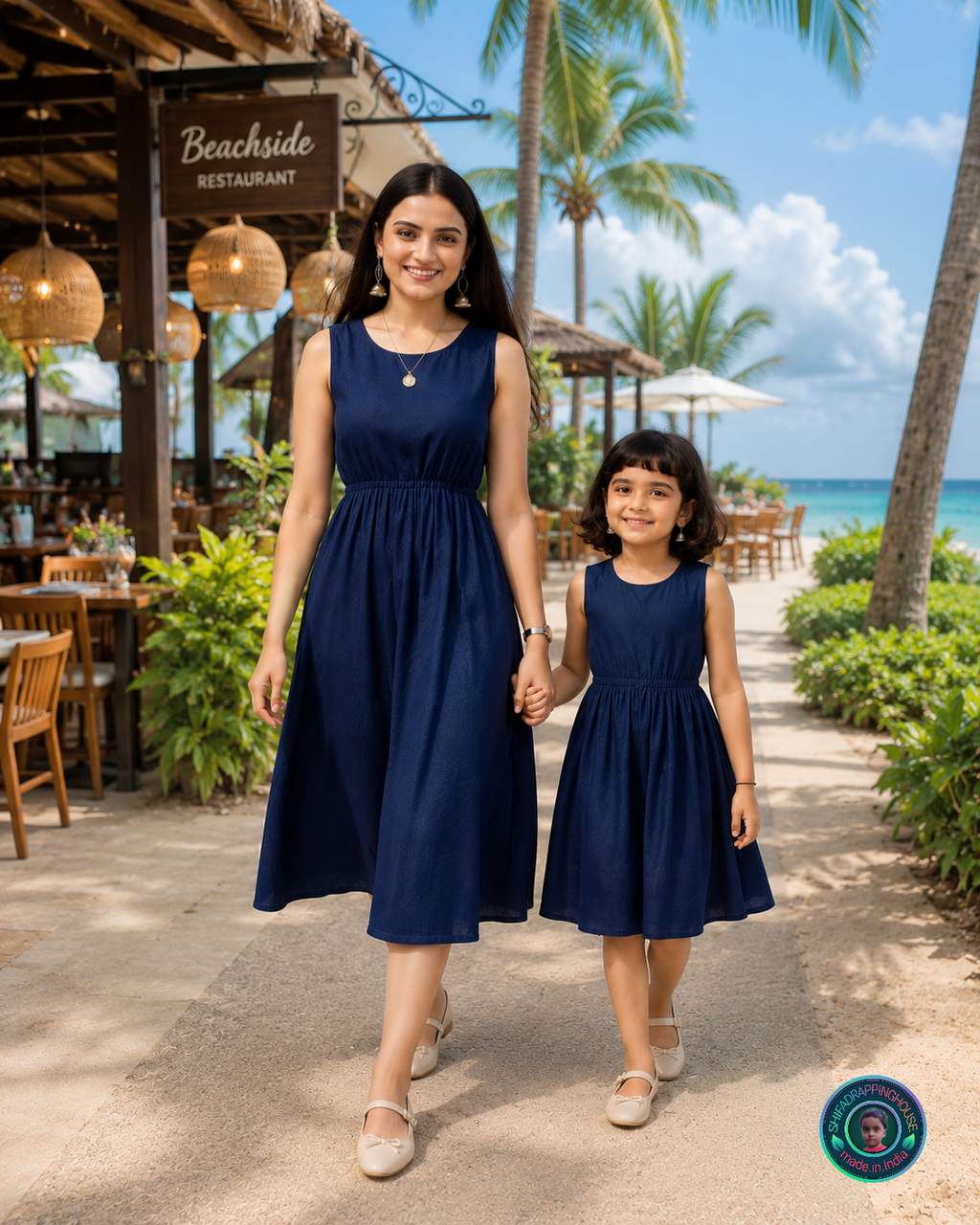 Luxury Navy Blue Denim Sleeveless Midi Dress - Essential Tourist & Beach Wear
