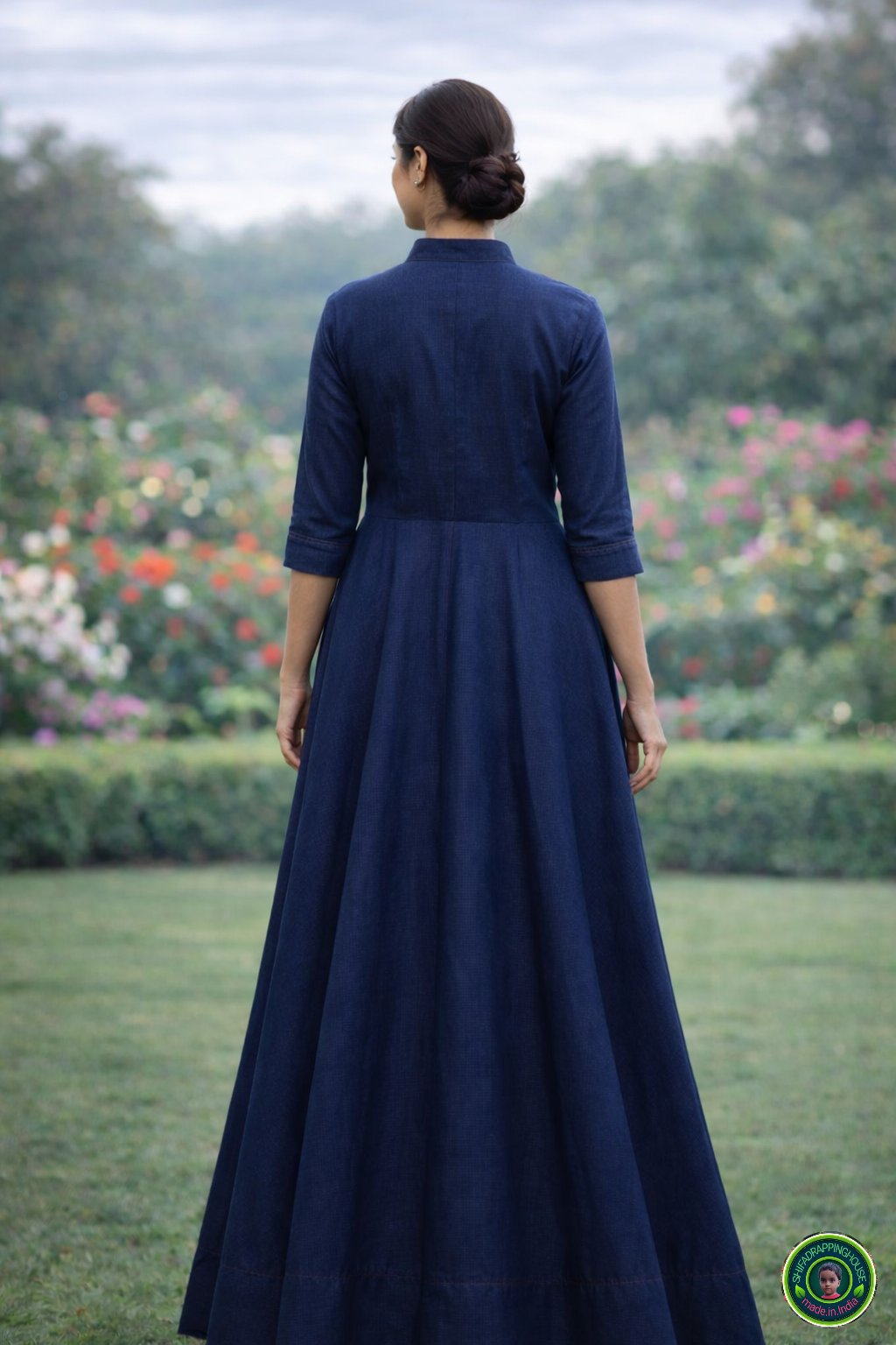 Elegant Indigo Soft Denim. Indo.Western maxi. Gown with Mandarin Collar & Princess Cut