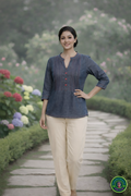 Mandarin Collar Denim Top with Red Contrast Stitching and Pintex Details