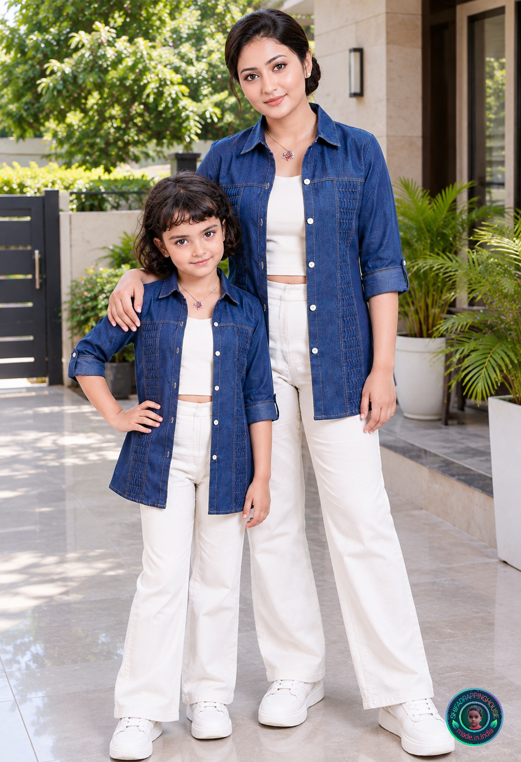 Women's & Kids Premium Blue Denim Shirt with Zigzag Pleated Pin-tuck Design & White Shell Buttons - Mom & Daughter Matching