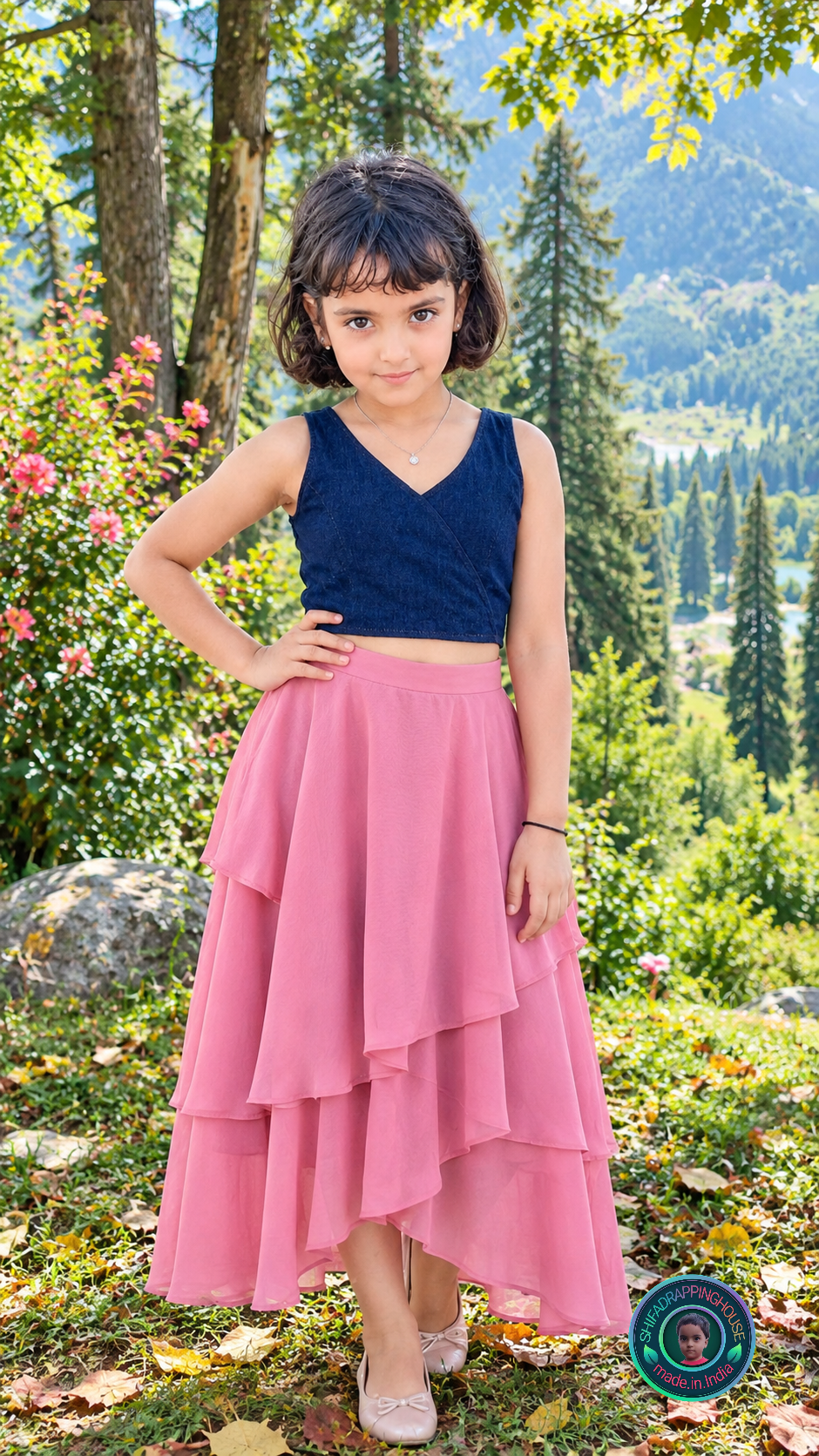 Imperial Crossover Princess Cut Denim Blouse – Royal V-Neck Sleeveless Statement Top (Padded for Adults / Easy Back Metal Zip for Kids) - Mom & Daughter Matching