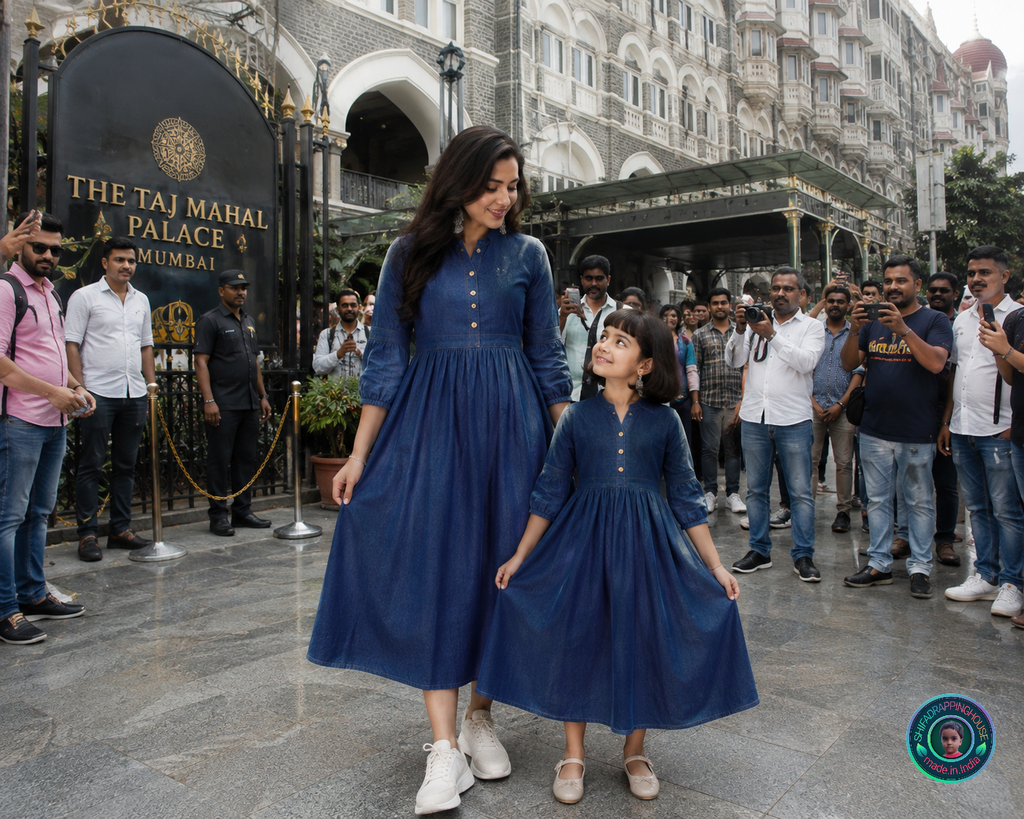 Elegance Mandarin Collar Denim Mom-Daughter Matching Midi Dress with Wooden Buttons & 3/4 Sleeves