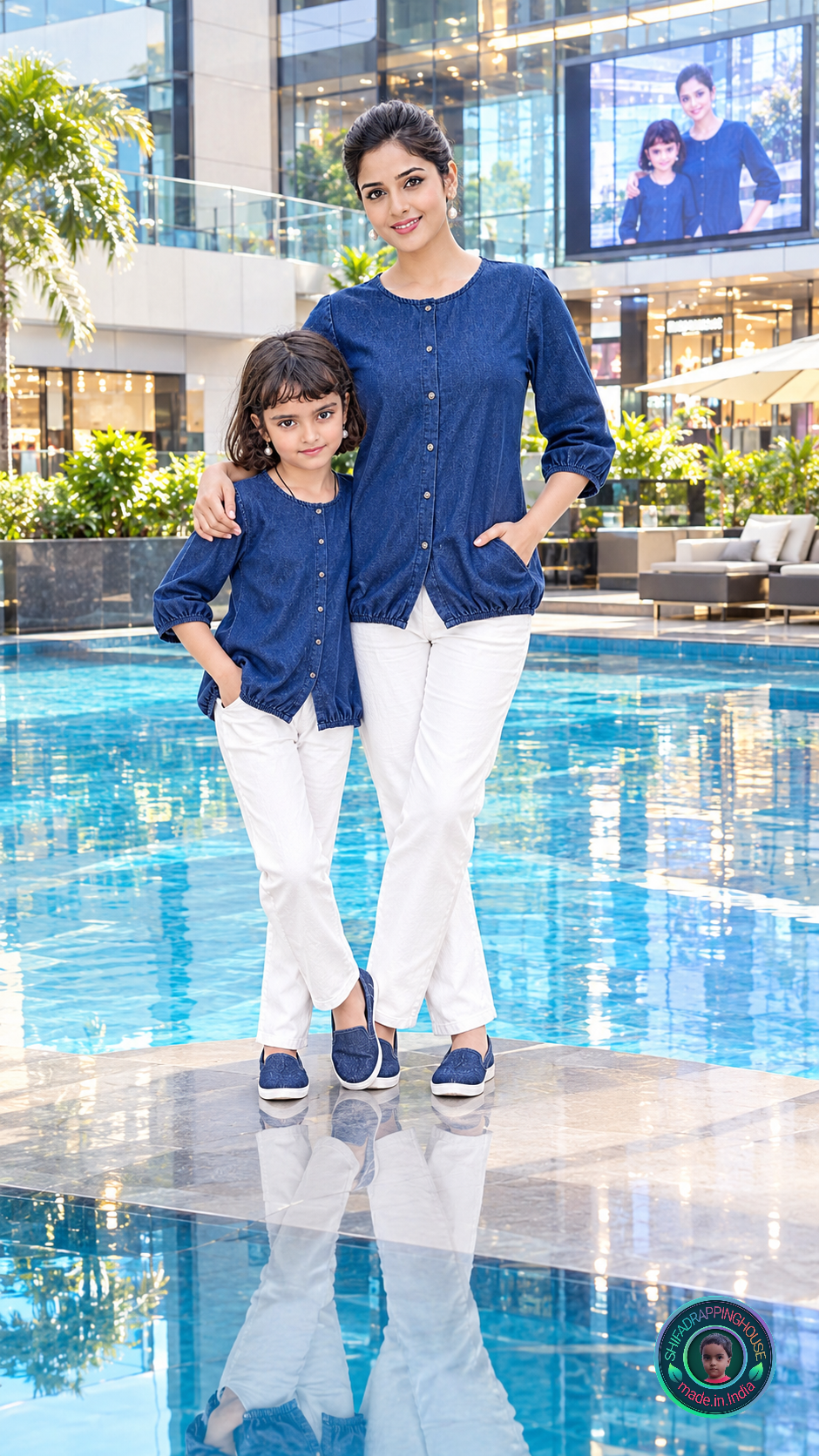 Exclusive Navy Blue Soft Denim Indo-Western Top with Elasticated Hem & 3/4 Sleeves - Mom & Daughter Matching