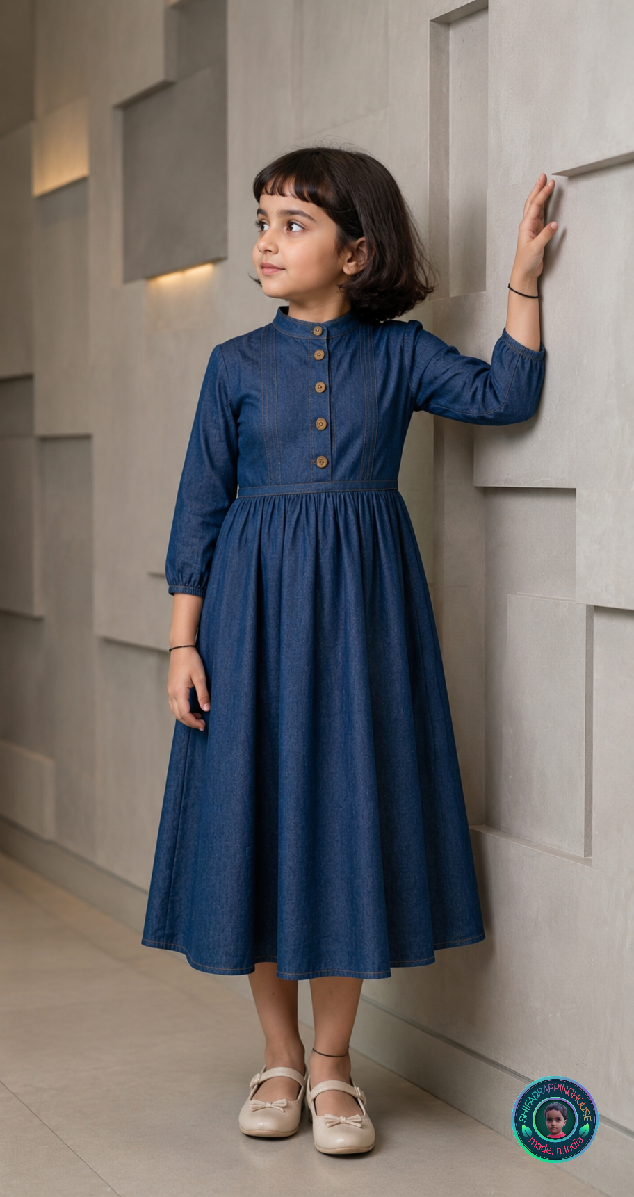 Elegance Mandarin Collar Denim Mom-Daughter Matching Midi Dress with Wooden Buttons & 3/4 Sleeves