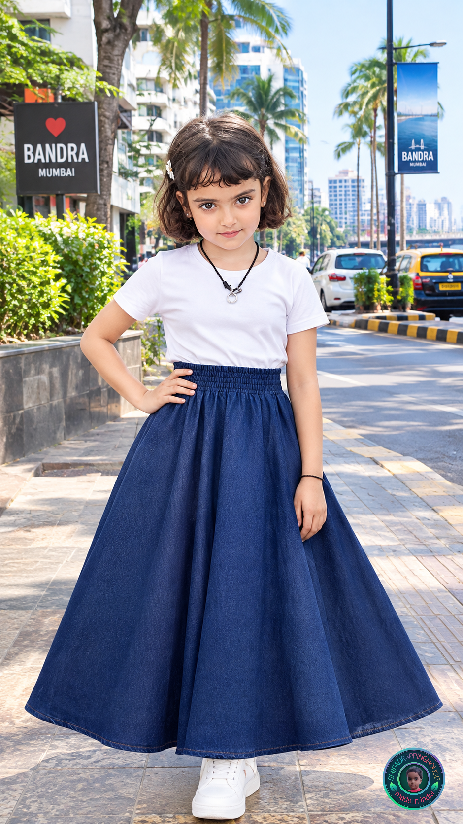 Navy Blue Denim Gathered Midi Skirt with Wide Elasticated Waistband & Inner Lining - Mom & Daughter Matching