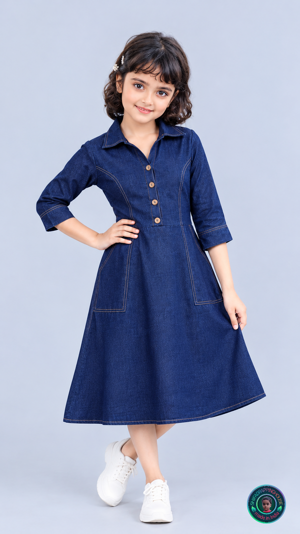 Indo-Western Elite: Princess-Cut Soft Denim Midi Dress with Wooden Accents