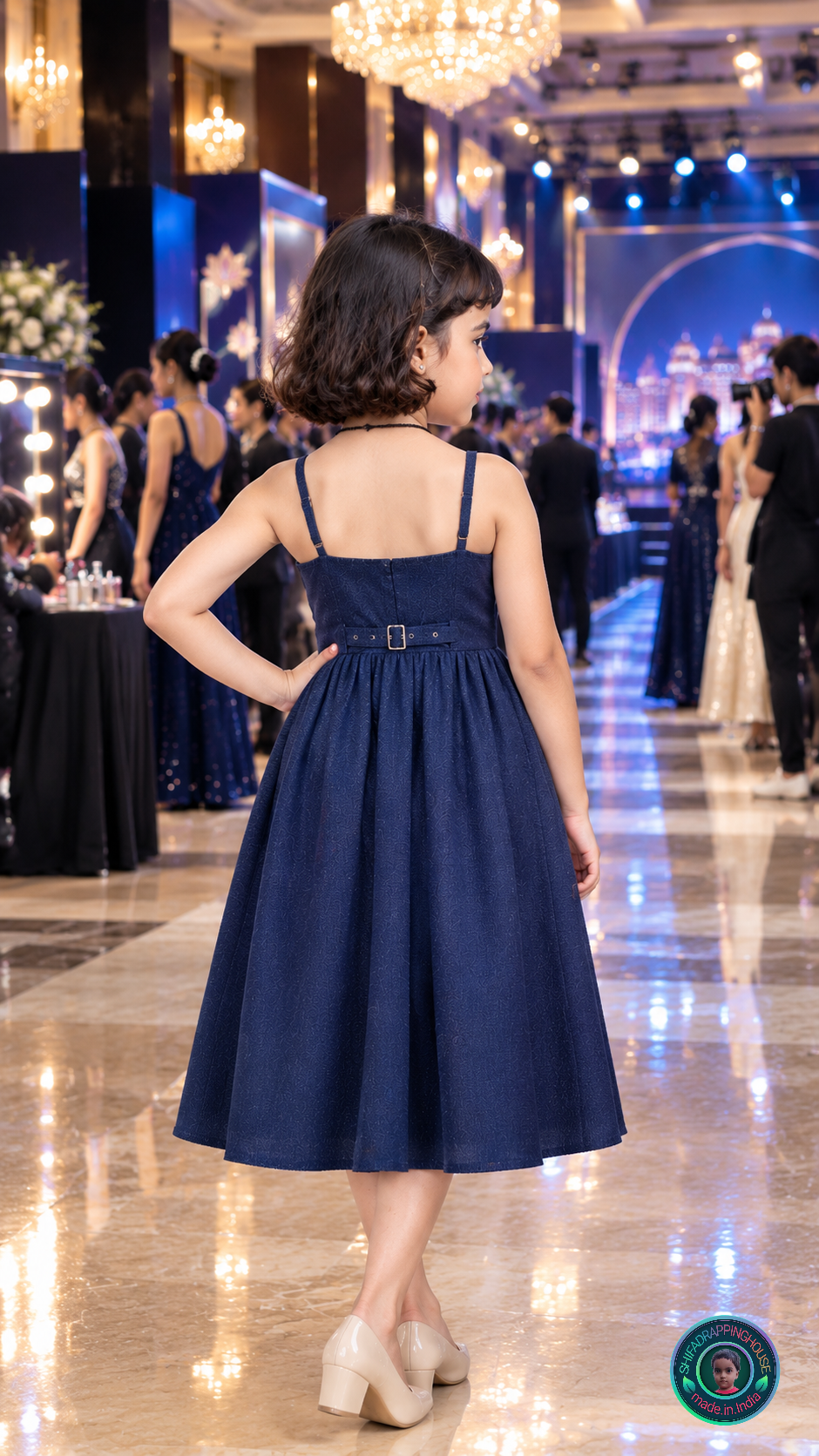 Trendy Navy Blue Denim Midi Dress with Shoulder Straps & Utility Pockets