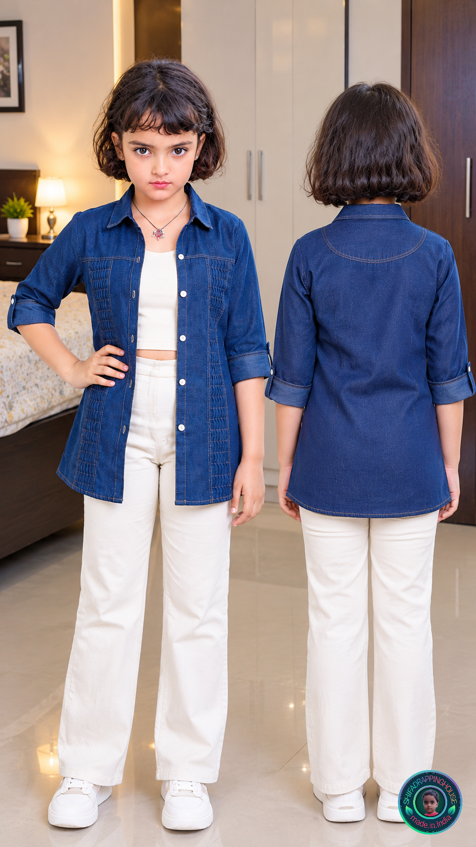 Women's & Kids Premium Blue Denim Shirt with Zigzag Pleated Pin-tuck Design & White Shell Buttons - Mom & Daughter Matching
