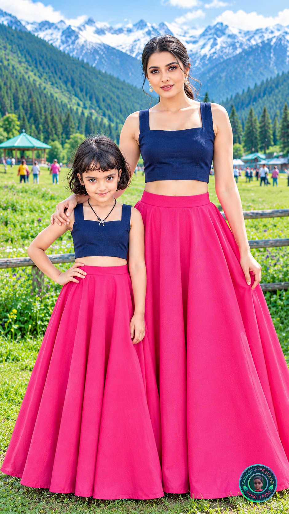 Premium Navy Blue Denim Square Neck Crop Blouse – Luxury Sleeveless Indo-Western Top (Padded & Seamless Finish) - Mom & Daughter Matching