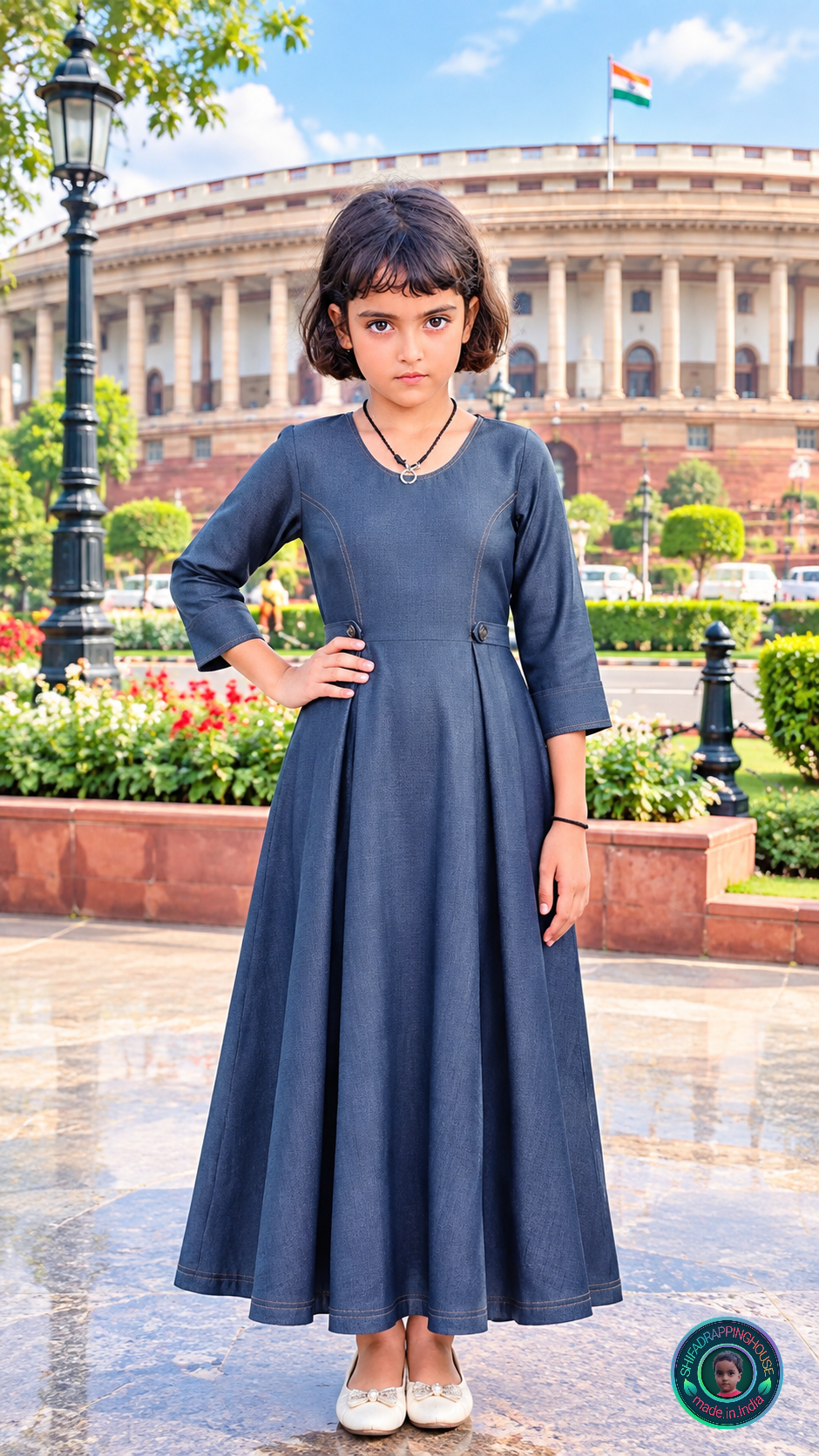 Elegant Grey Denim A-Line Maxi Dress with Contrast Stitching & Princess Cut - Mom & Daughter Matching