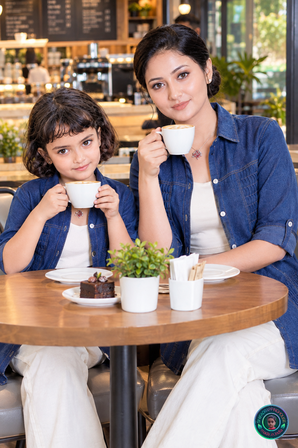 Women's & Kids Premium Blue Denim Shirt with Zigzag Pleated Pin-tuck Design & White Shell Buttons - Mom & Daughter Matching