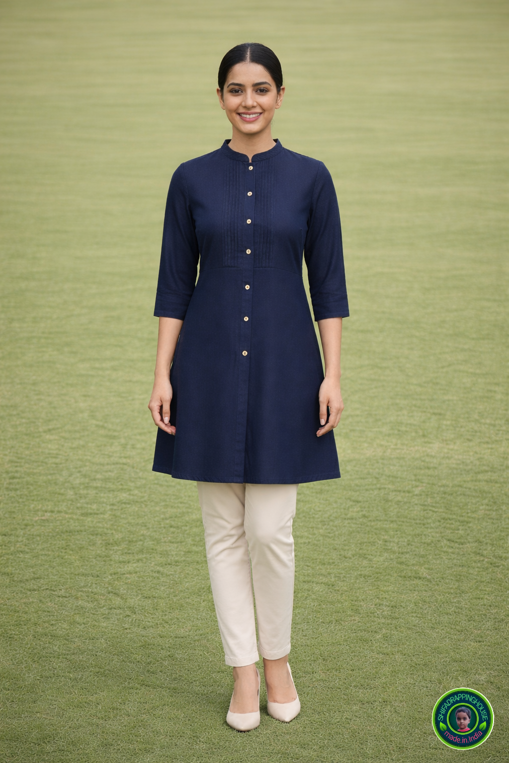 Imperial Sapphire Denim Tunic – Mandarin Collar with Pintex Detailing & 3/4th Sleeves