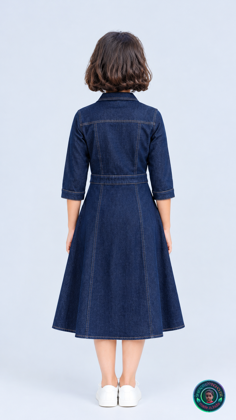 Premium Collared Denim Midi Dress – Classic Button & Belt Style
