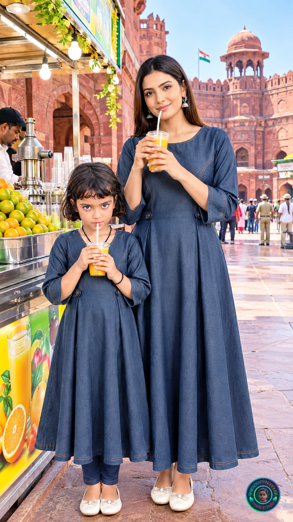 Elegant Grey Denim A-Line Maxi Dress with Contrast Stitching & Princess Cut - Mom & Daughter Matching