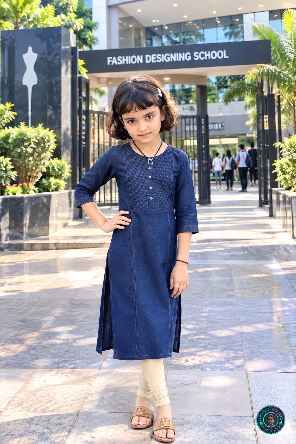 Kids Premium Blue Denim Kurti with Gold Stitching & Button Work