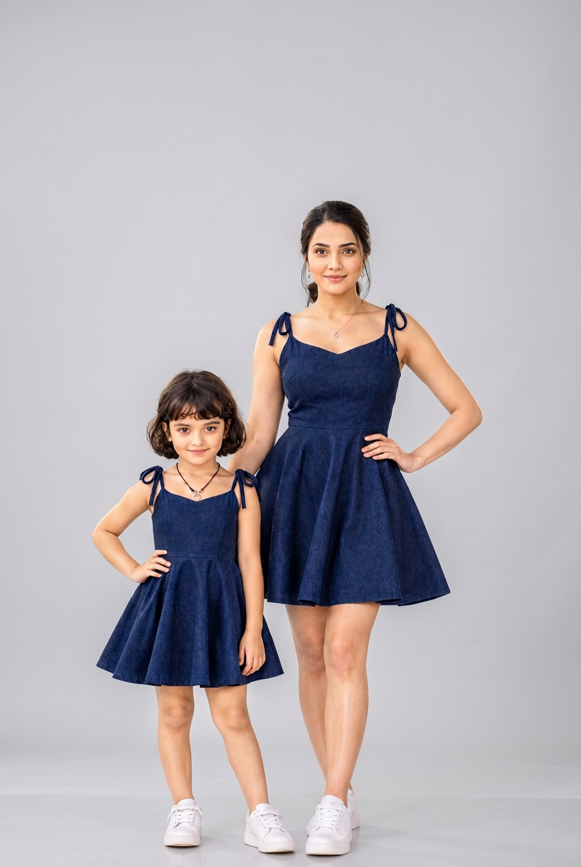A woman and a young girl modeling matching navy blue sleeveless shisha dresses on a runway, with the text 'Shifa Draping House' displayed at the top.