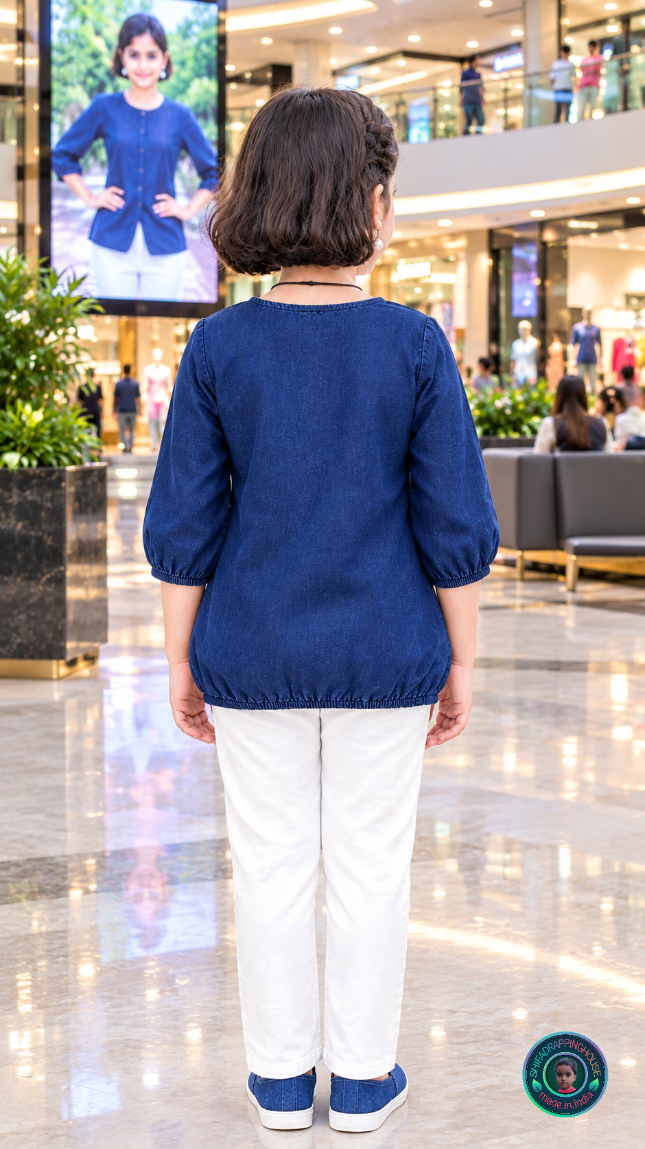 Exclusive Navy Blue Soft Denim Indo-Western Top with Elasticated Hem & 3/4 Sleeves - Mom & Daughter Matching