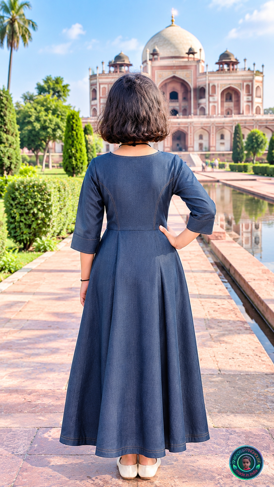 Elegant Grey Denim A-Line Maxi Dress with Contrast Stitching & Princess Cut - Mom & Daughter Matching