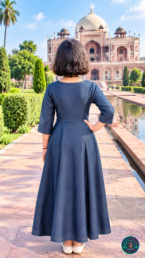 Elegant Grey Denim A-Line Maxi Dress with Contrast Stitching & Princess Cut - Mom & Daughter Matching