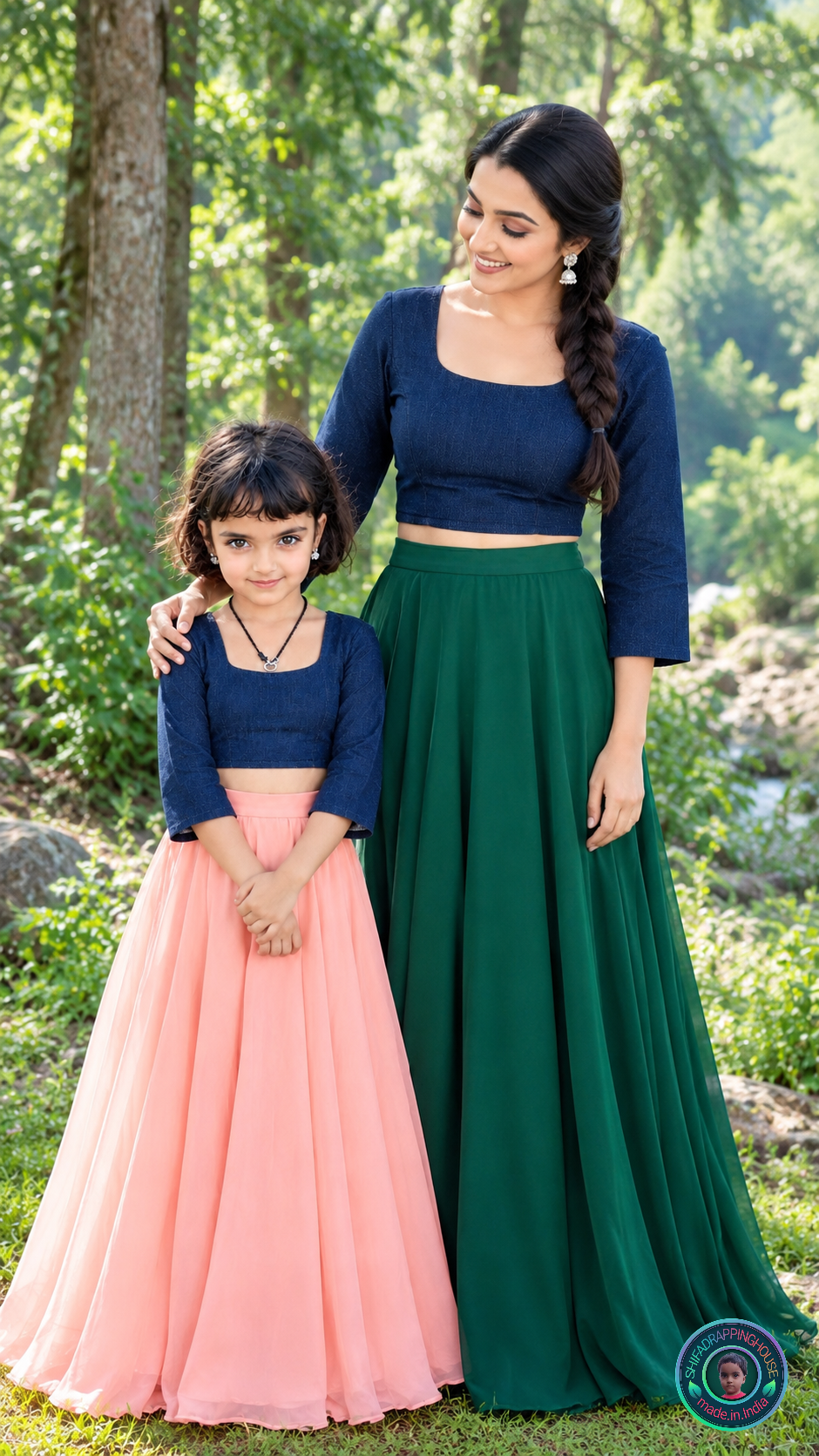 Premium Navy Blue Denim Round Neck Blouse – Princess Cut Indo-Western Crop Top (Soft Cotton Lined) - Mom & Daughter Matching