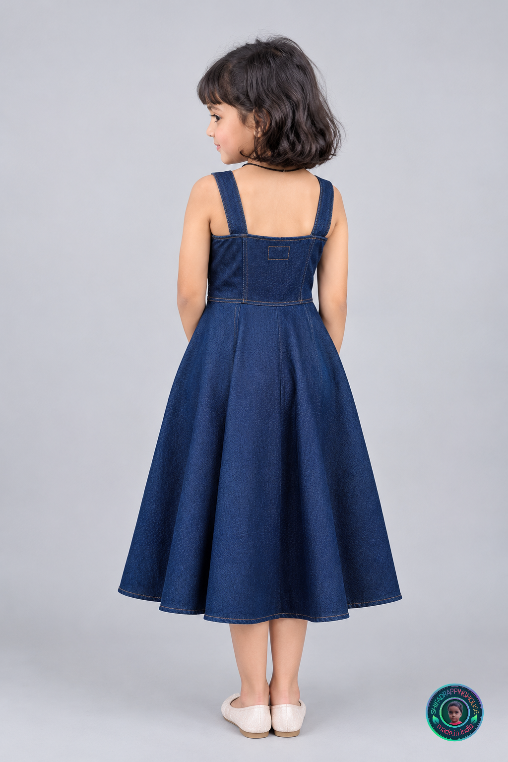 ShifaDrappinghouse Kids & Women: Elegant Indigo Denim Smoked Midi Dress – Royal Fit & Flare Sleeveless Summer Dress