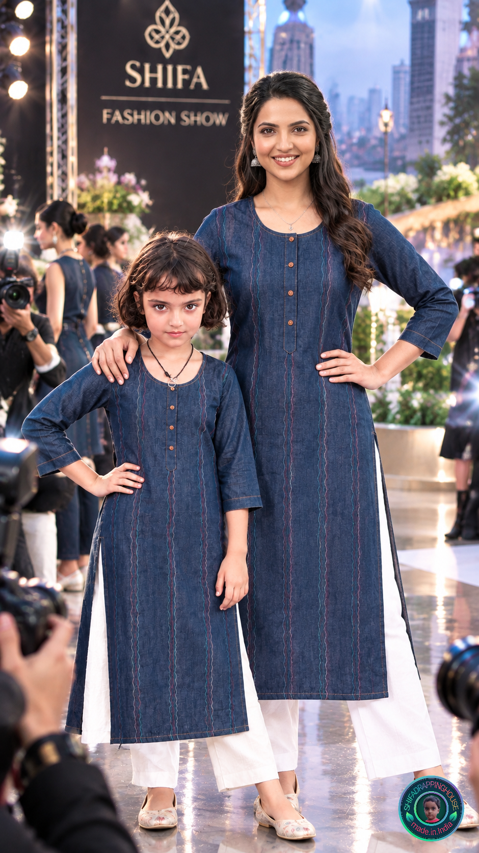 Kids Elite Navy Denim Zig-Zag Kurta | Handcrafted Tri-Color Anchoring & Wooden Detail Edition