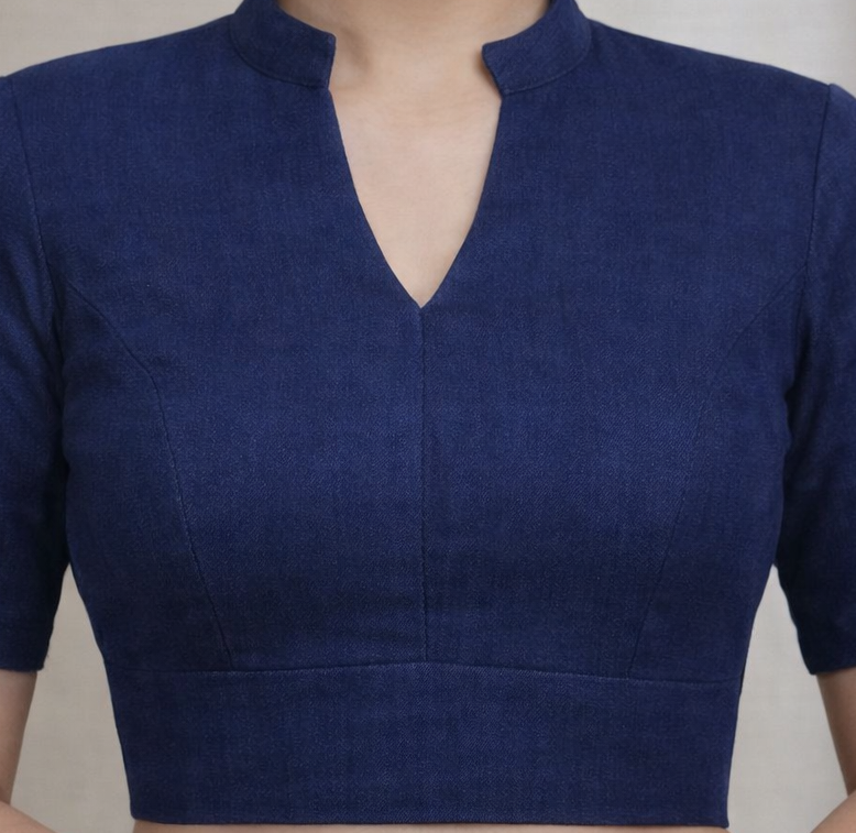 Premium Navy Blue Denim V-Neck Blouse with Mandarin Collar – Luxury Princess Cut Indo-Western Top (Padded & Lined)