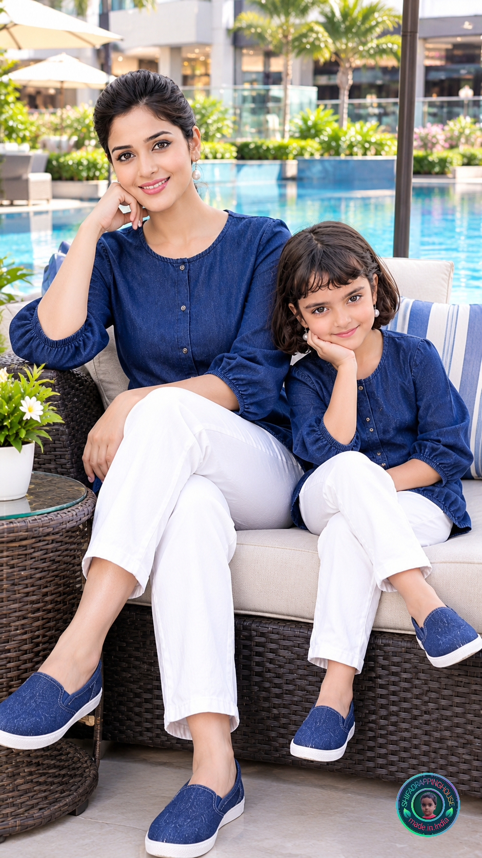 Exclusive Navy Blue Soft Denim Indo-Western Top with Elasticated Hem & 3/4 Sleeves - Mom & Daughter Matching